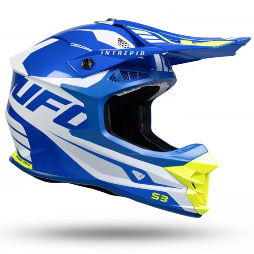 Casca motocros enduro UFO Intrepid alb - albastru - galben neon