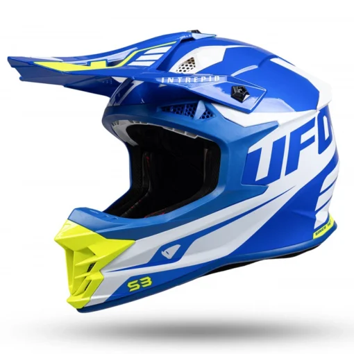 Casca motocros enduro UFO Intrepid alb - albastru - galben neon
