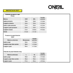 tabel marimi protectii piept copii O`Neal