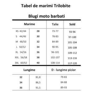 tabel marimi Blugi moto Trilobite